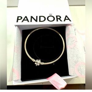 Pandora Silver Toned Bangle with Cross Charm Accent